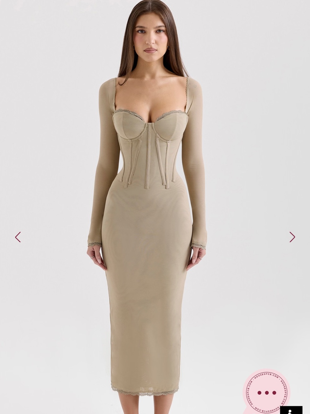 House of CB Beige Long Sleeve Corset Midi Dress